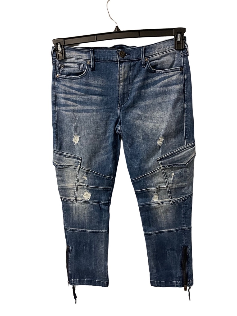 True Religion Mid Rise Super Skinny  Distressed Blue Cargo Jeans Women’s Sz 30
